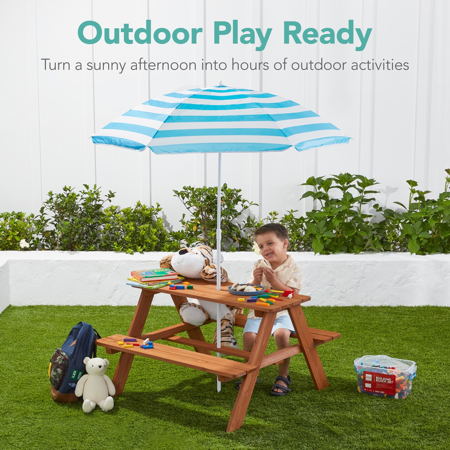 Best Choice Products Kids Wooden Picnic Table, Outdoor Activity Table w/ Adjustable Umbrella, Seats