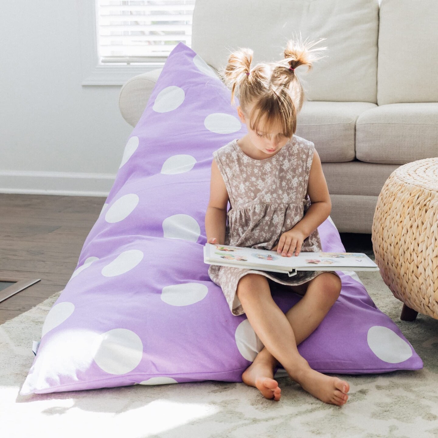 Butterfly Craze Bean Bag Chair Cover, Functional Toddler Toy Organizer, Fill with Stuffed Animals to Create a Jumbo, Comfy Floor Lounger for Boys or Girls, Stuffing Not Included, Purple Polka Dots