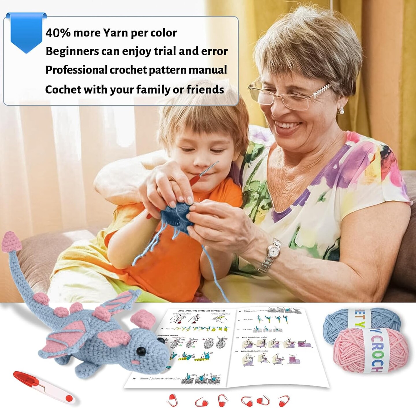 Crochet Kit for Beginners, Learn to Crochet Animals - Easy Crochet Starter Kit Gift for Kids and Adults, Lovely Gray Dragon (40%+ Yarn Content)