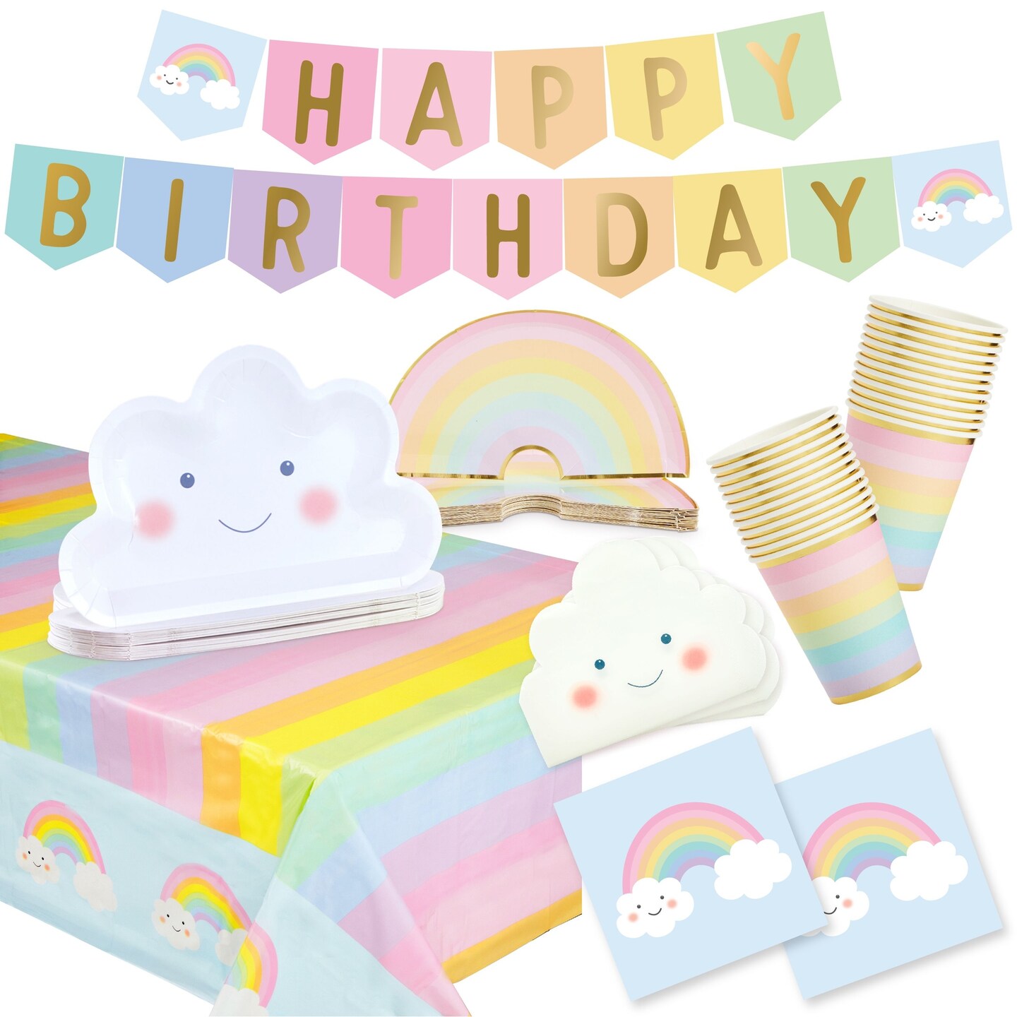 BLUE PANDA Rainbow Party Decorations Set - 99-Piece Set, Serves 24, Pastel Rainbow & Cloud Theme - Includes Cloud Plates - Multicolor Plates & Napkins - Happy Birthday Banner