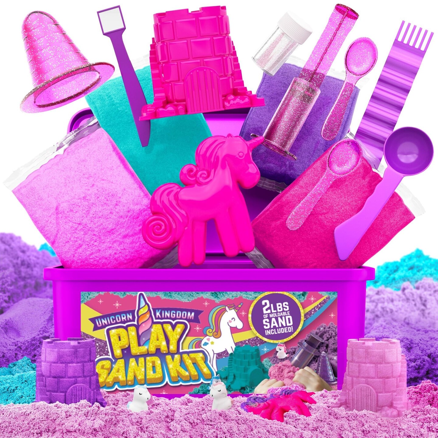 GirlZone Unicorn Sensory Bin Kingdom Sand Art Kit, 2lbs Moldable Colored Sand for Kids, 7 Tools for Kids, Rainbow &#x26; Colorful, Imaginative Playtime Fun, Ideal Birthday &#x26; Easter Gifts for Girls