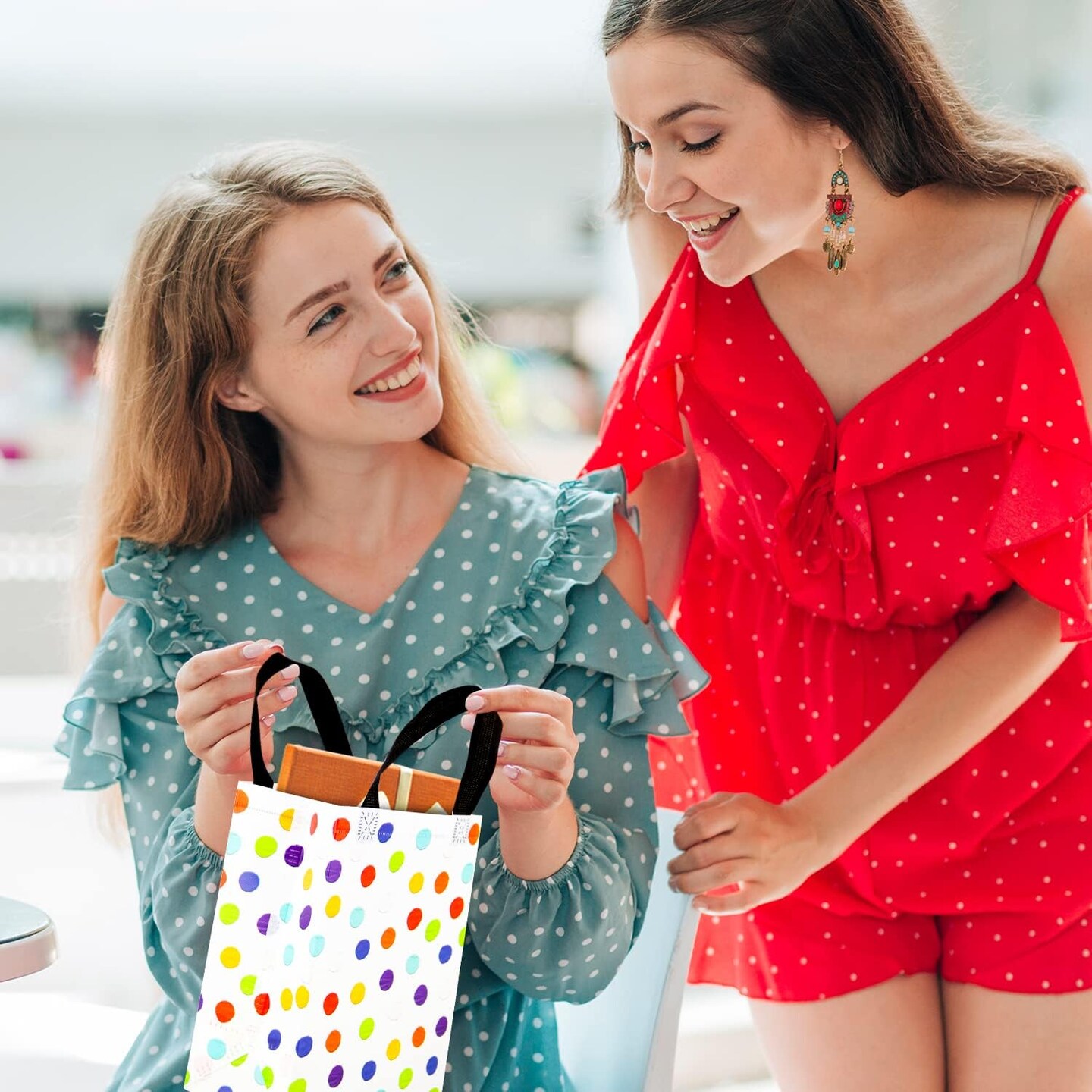 16 PCS Medium Rainbow Polka Dot Reusable Gift Bags with Tissue Paper – Party Favor Bags for Birthdays, Baby Showers, Weddings, Holidays & Shopping (10" x 7.6" x 3.9")