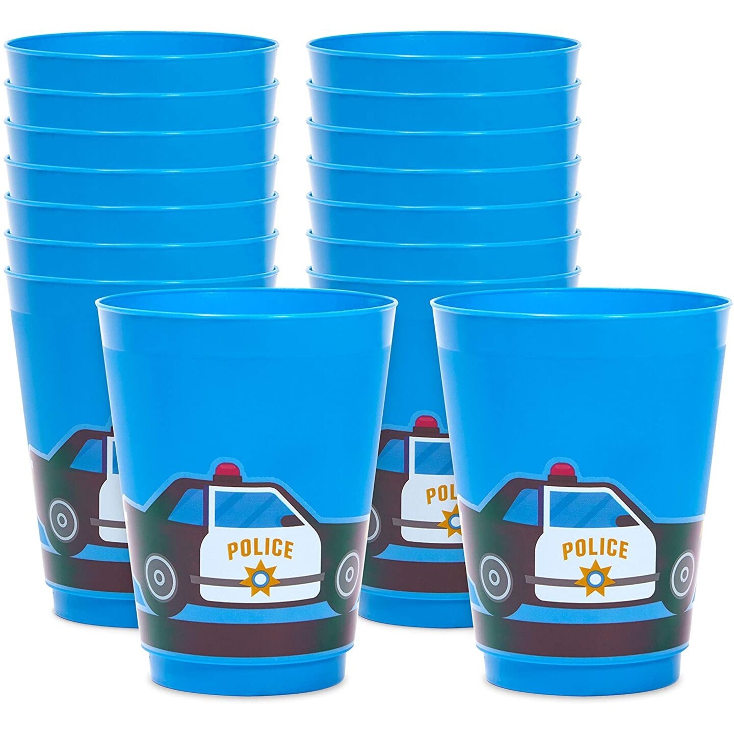 16 Pack Plastic Police Cups for Kids, Car Party Favors for Birthday Party Supplies (16 oz)