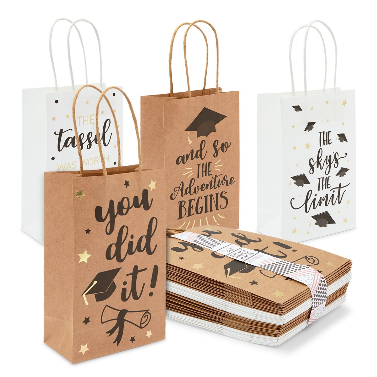 24 Pack Graduation Party Favor Gift Bags with Handles, Class of 2025 Grad Supplies, 4 Designs (9 x 5.3 x 3.1 In)