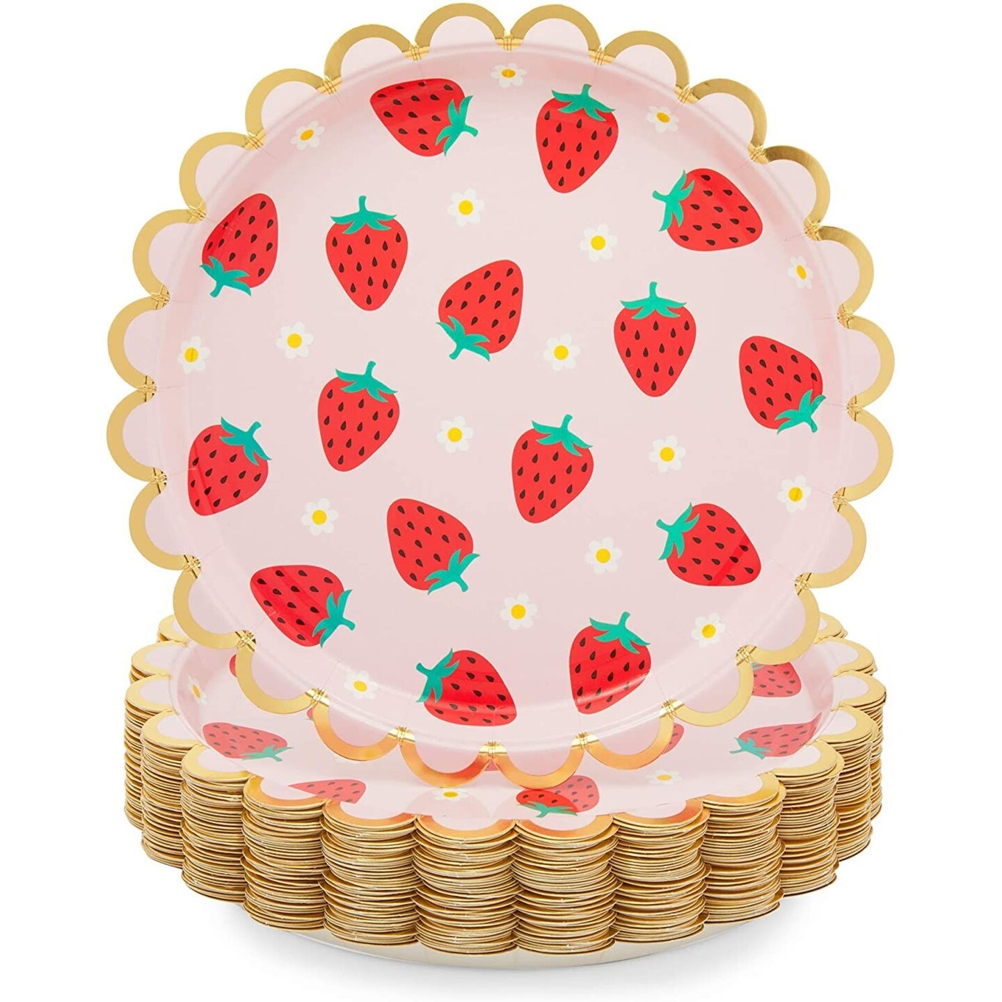 48-Pack Pink Paper Plates with Gold Foil for Strawberry Birthday Party (9 in)