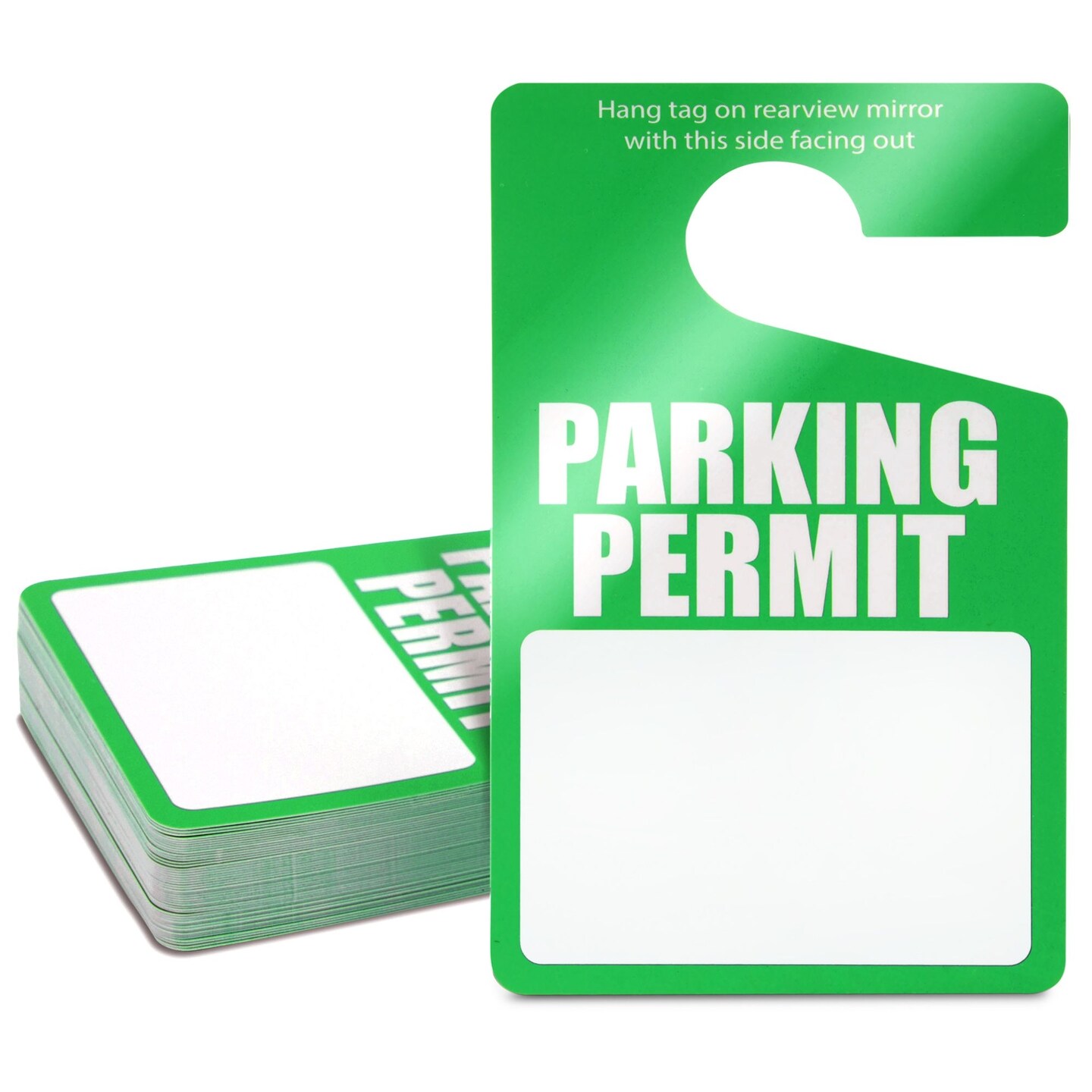50 Pack Green Parking Permit Hang Tags, Temporary Hanging Passes Blank Plastic Placards for Car Rear View Mirror, Bulk (3 x 5 In)