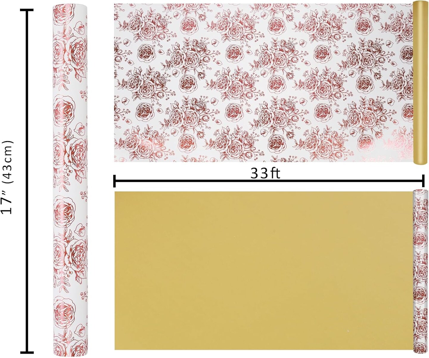 Reversible Floral Wrapping Paper Roll – 17” x 33 ft, Rose Gold Foil Design for Women, Girls, Weddings, Mother’s Day, Bridal Showers & Birthdays
