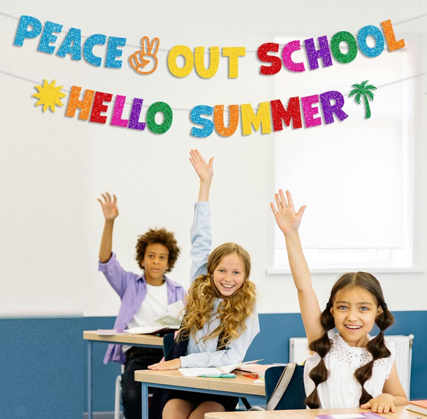 Glittery Peace out School Hello Summer Banner with Sun Palm Tree Colorful End of School Year Fireplace Wall Garland Last Day of School Summer Vacation Beach Pool Party Decorations