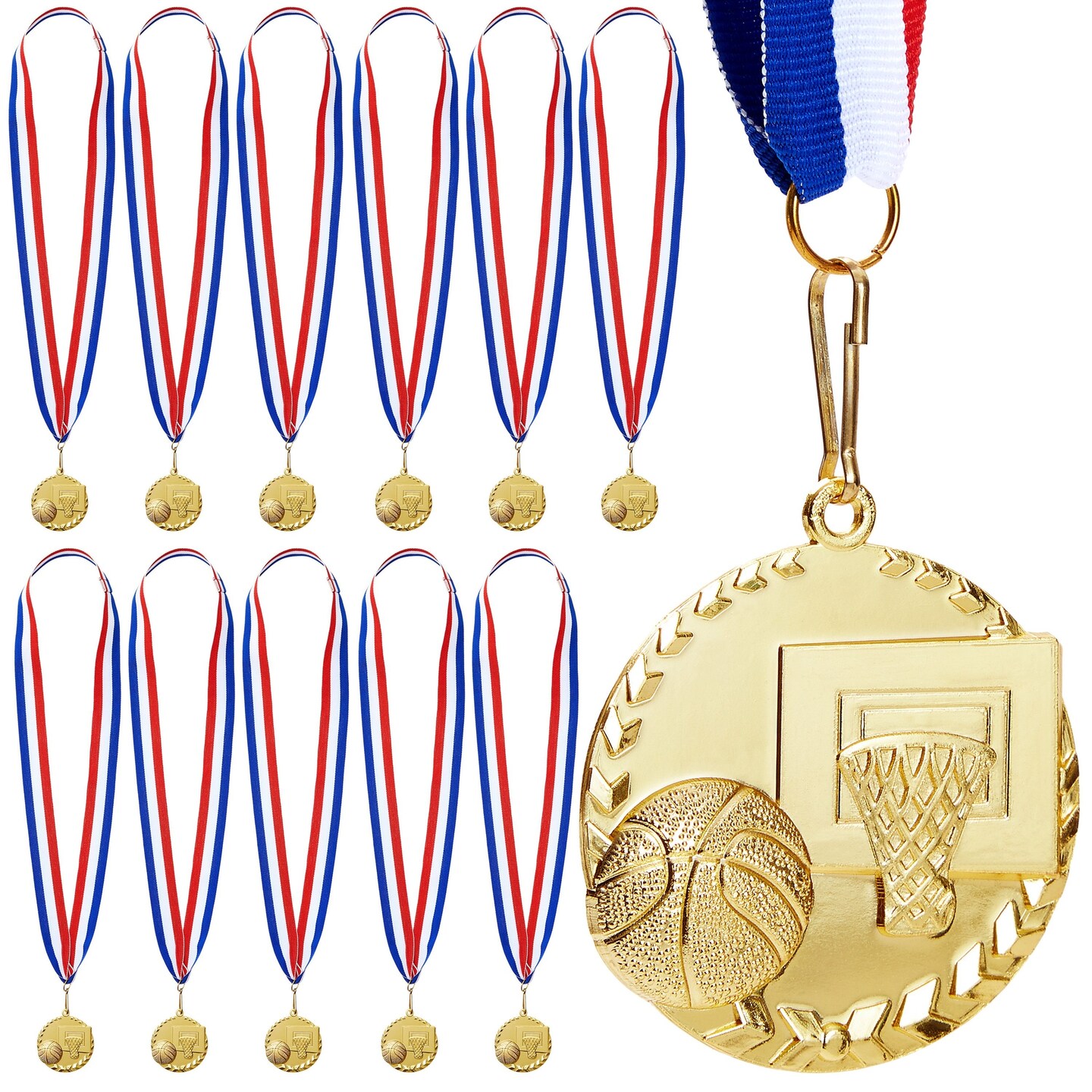 12 Pack Basketball Medals for Kids and Adults, Team Participation Trophies, Awards, Party Favors, Red, White, and Blue Stripes 15.5" Ribbon (2 in, Metal, Gold)