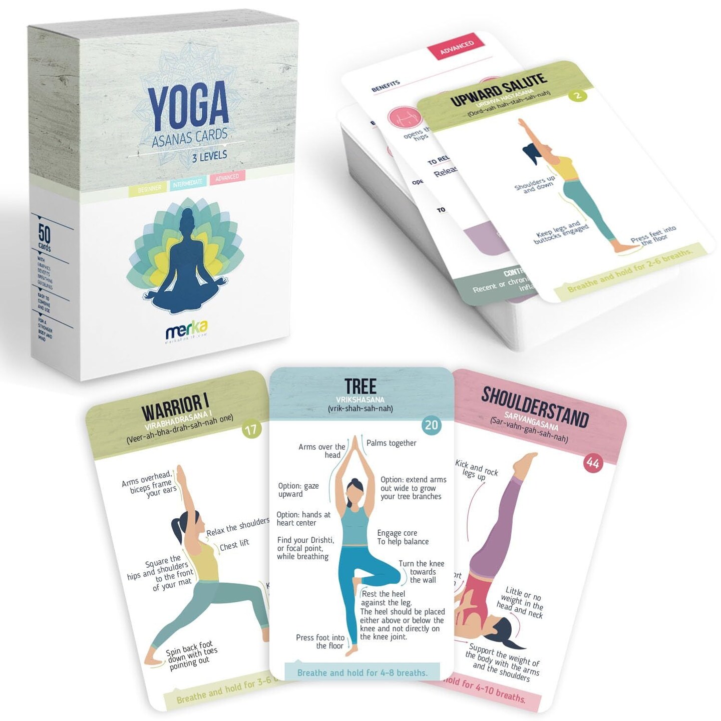 merka Yoga Cards, 50 Yoga Deck Flashcards with Asana Poses for Class Sequencing and Practice, Sanskrit and Cues for Beginners, Teachers, Women Workout Fitness Ideal Gift