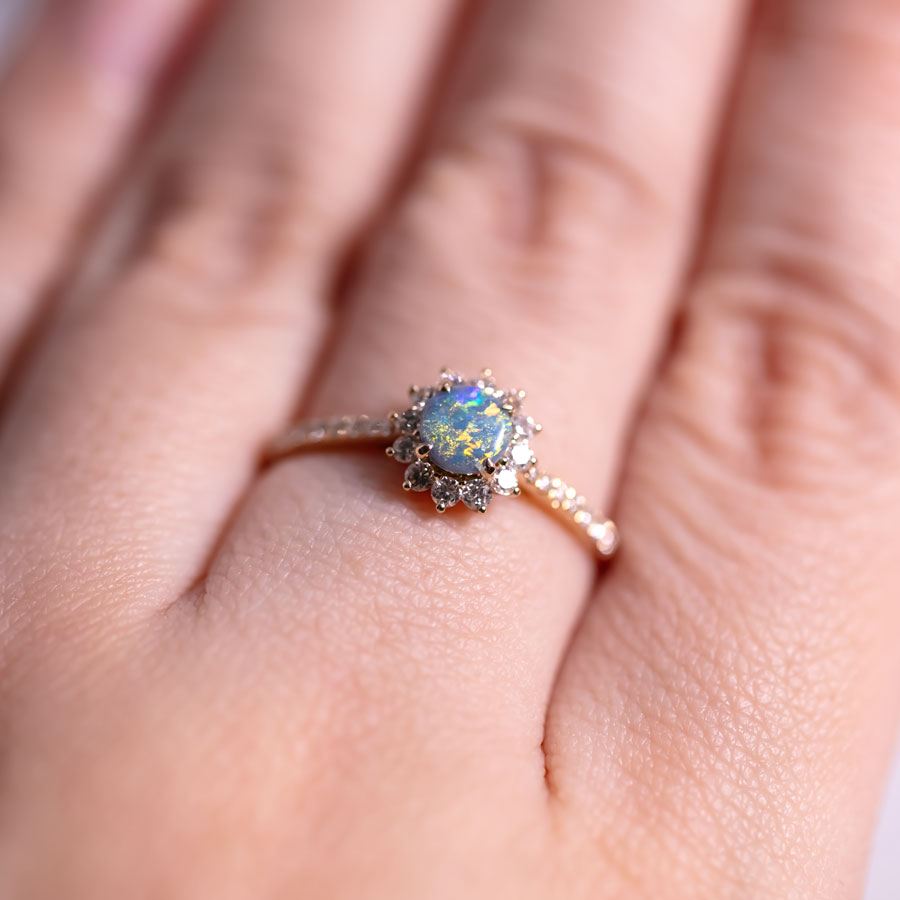 Adorable Black Opal Halo Diamond Engagement Ring 18K Yellow Gold