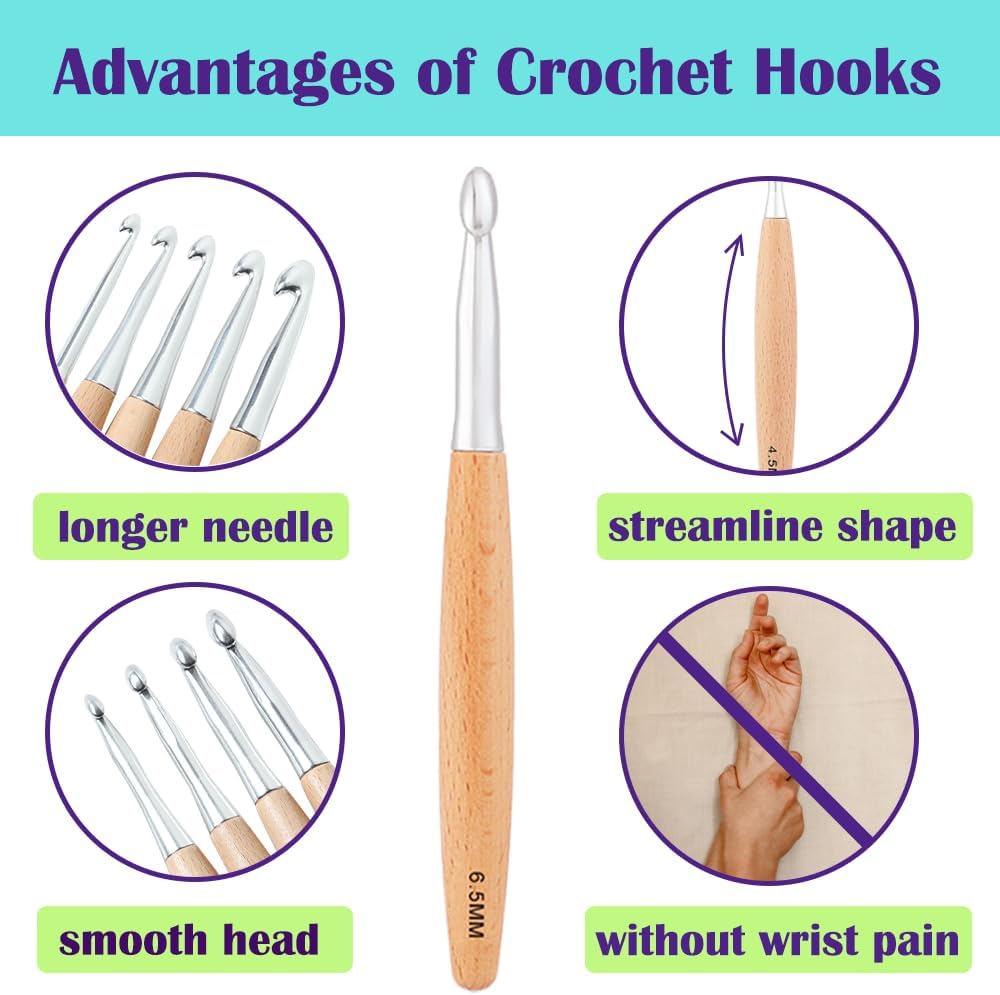 Beech Wood Crochet Hooks 3.0mm~6.5mm, Ergonomic Crochet Hooks Set with Roll Felt Case