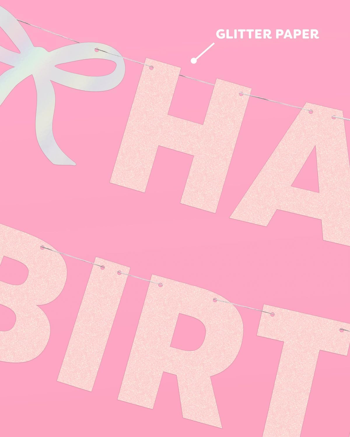Happy Birthday Bow Banner Iridescent Foil + Pink Glitter, 5 Ft. | Birthday Party Decoration, Coquette HBD Decor, 21st Bday Supplies, Photobooth Backdrop