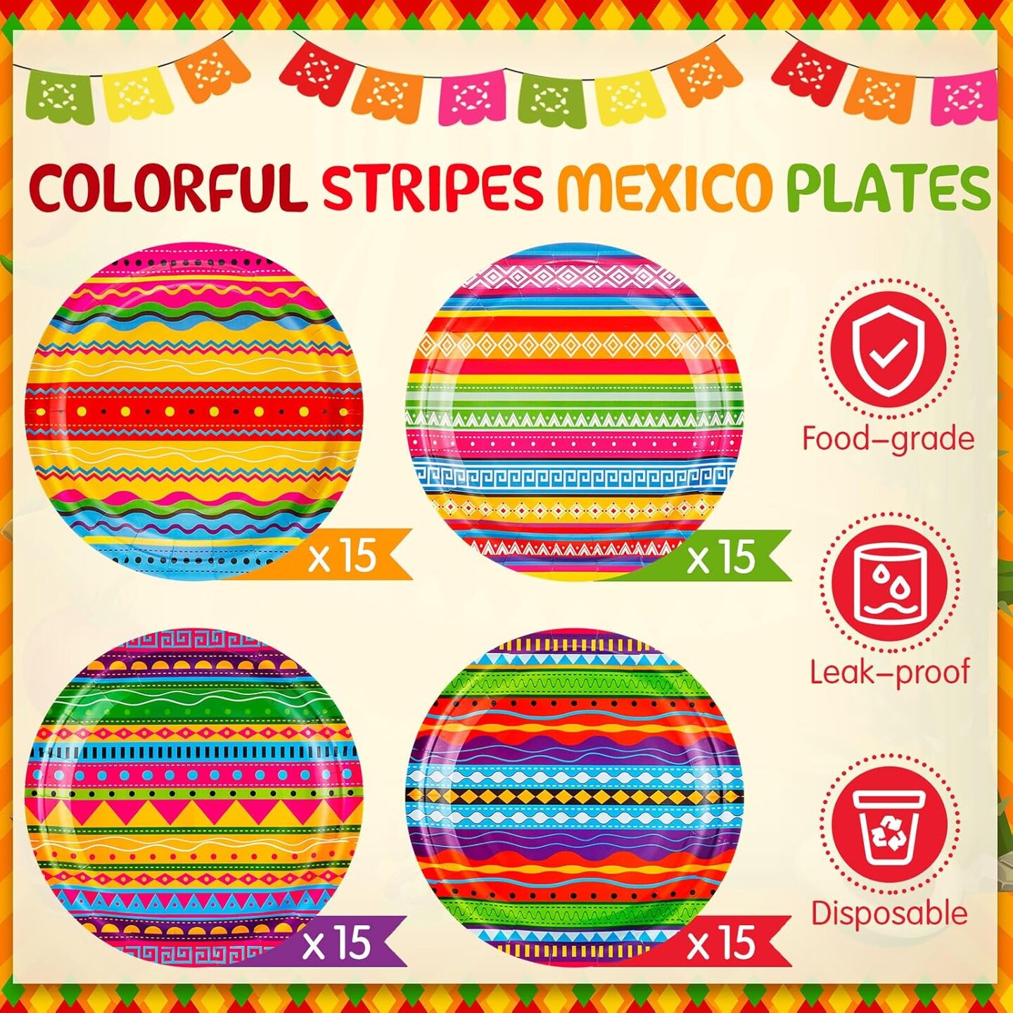 60 Pcs 60 Pcs Mexican Serape Fiesta Paper Plates 7&#x22; Disposable Fiesta Party Decor Mexico Stripes Dessert Plate Colorful Mexico Platter Supply for Cinco De Mayo Pi&#xF1;ata Dinner Tableware