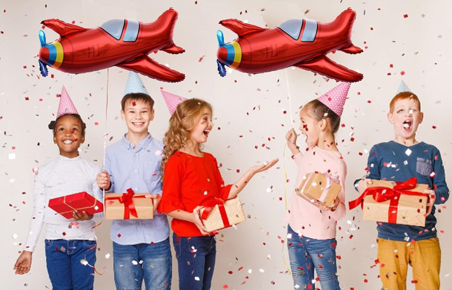 4 Pcs Large Red Airplane Helicopter Plane Mylar Foil Balloon Aviator Adventure Themed Birthday Party Decorations