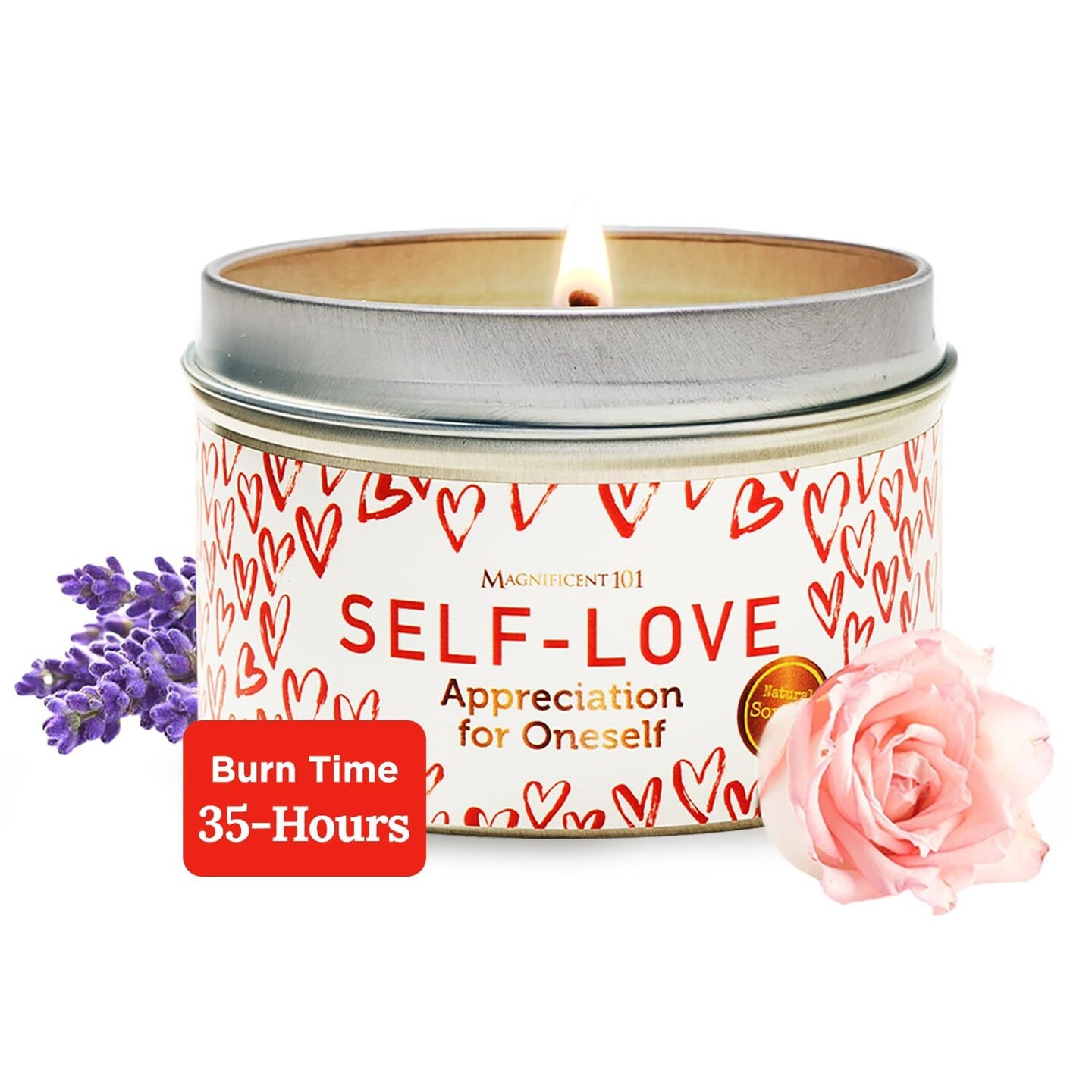 Magnificent 101 Long Lasting Self-Love Aromatherapy Tin Candle | 6 Oz - 35 Hour Burn | All Natural Soy Wax with Sage Rose Lavender Scented for Appreciation for Oneself, Purification, Manifestation