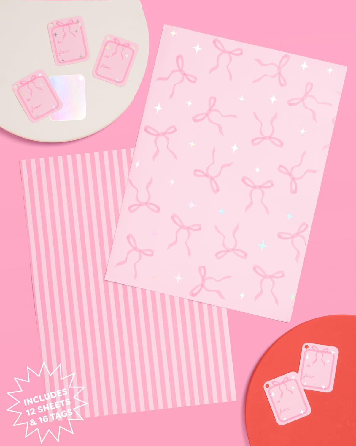 Pink Bows & Stripes Wrapping Paper + Tag Set – 12 Sheets with 16 Gift Tags | Girly Birthday, Bachelorette, Baby Shower & Holiday Gift Wrap (Pink)