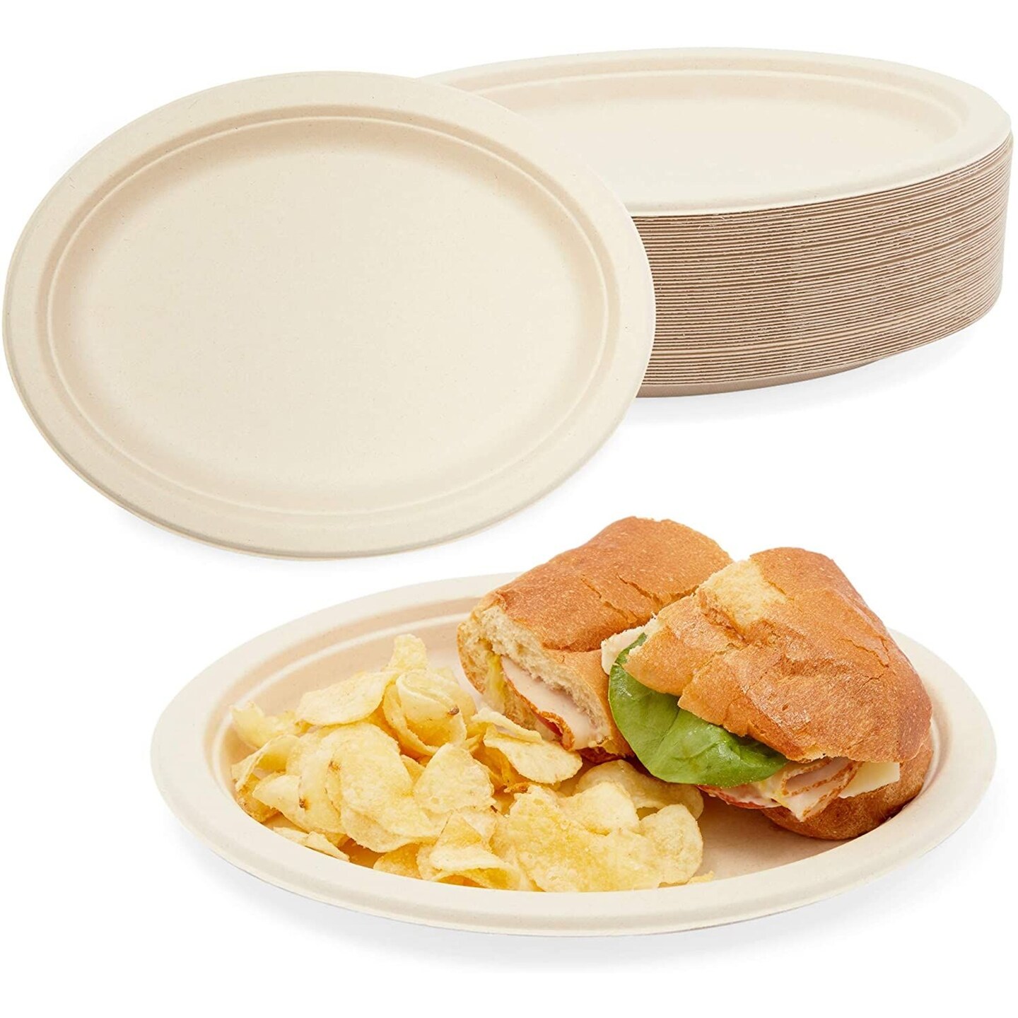 Sugarcane Bagasse Plates, Disposable Dinnerware (10 x 8 Inches, 50 Pack)