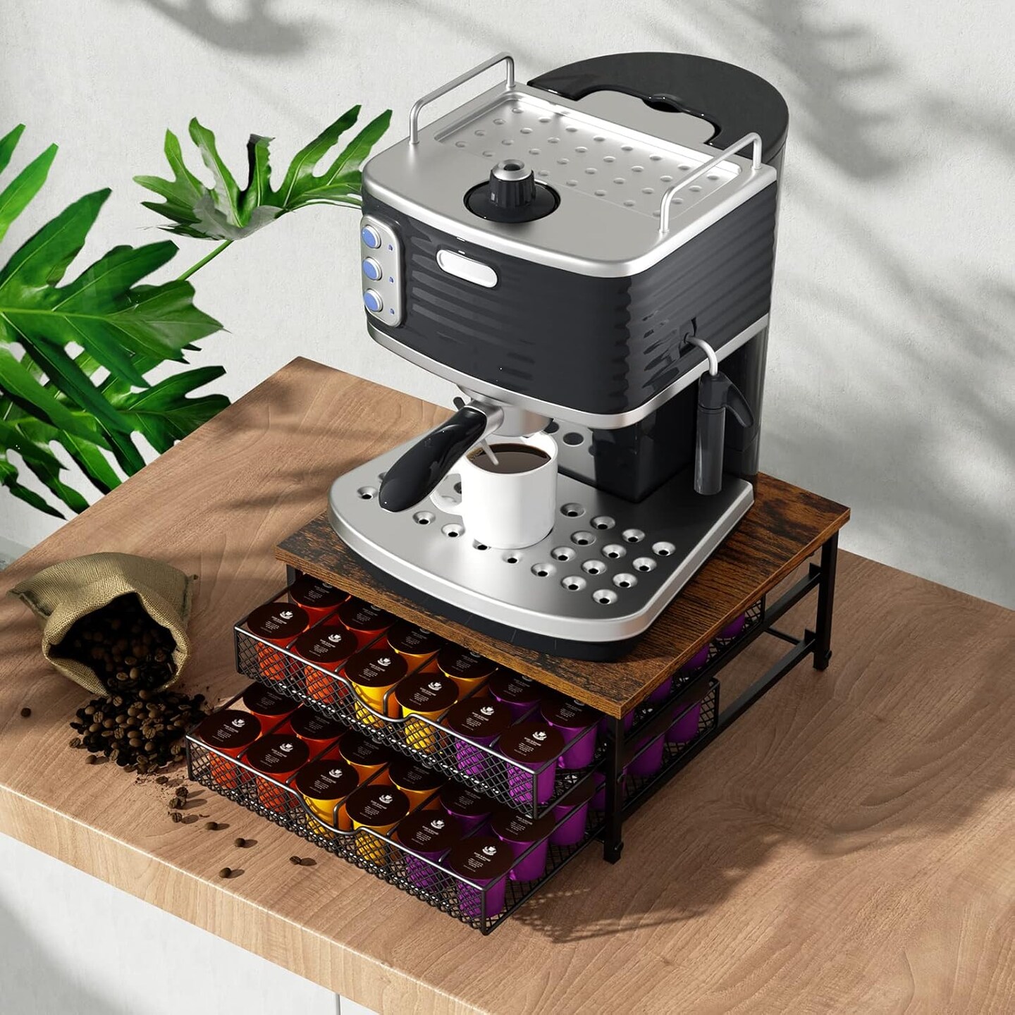 2-Tier Industrial Coffee Pod Storage Drawer Organizer &#x2013; Sturdy Metal &#x26; Wood Construction, 72 K-Cup Capacity, Space-Saving Design for Countertop/Cabinet