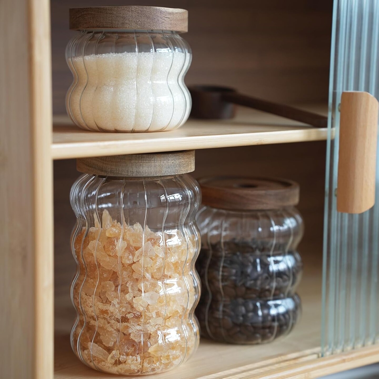 Glass Jar with Wood Lid - Cute Decorative Canisters for Nut, Coffee, Sugar Storage - Set of 3 Sizes: Clear (12oz, 20oz, 27oz) - Perfect for Kitchen Storage & Gifts