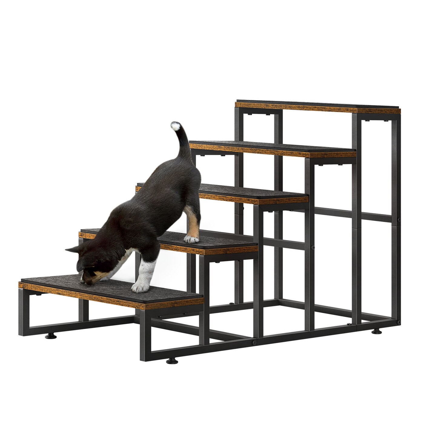 4-Step Dog & Cat Stairs with Non-Slip Base – Sturdy Wood/Metal Pet Ladder for Sofa, Bed & Balcony, Joint-Friendly Design (Brown)