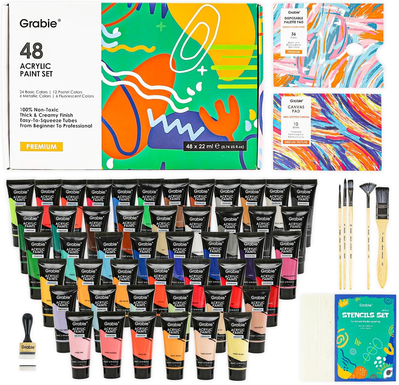 Acrylic Paint, 48 Colors Paint, Art Supplies, Acrylic Paint Set with 5 Paint Brushes, 10-Sheet Canvas Paper, 36-Sheet Disposable Palette Paper, Stencil Set, and Blending Tool, Craft Paint