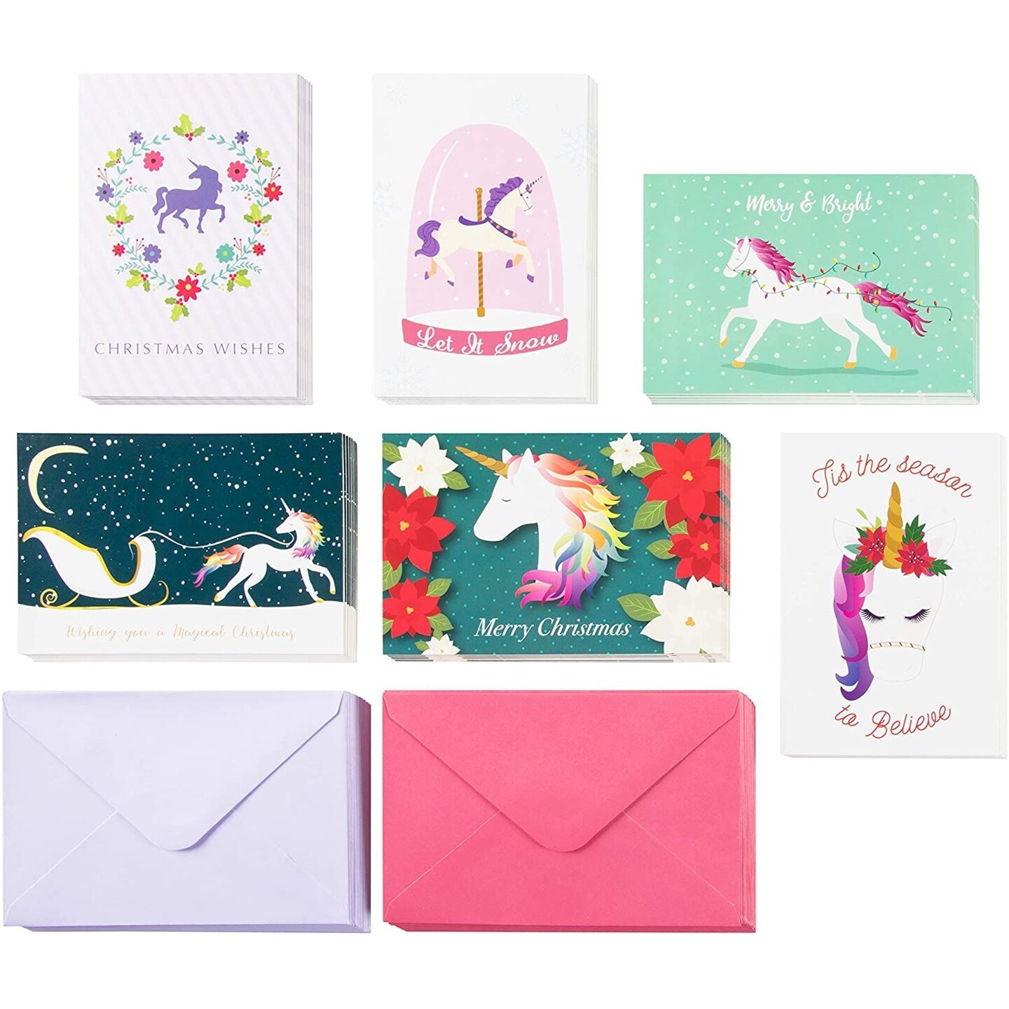 Unicorn Christmas Cards Assortment with Envelopes, 6 Rainbow Designs (4 x 6 In, 48 Pack)