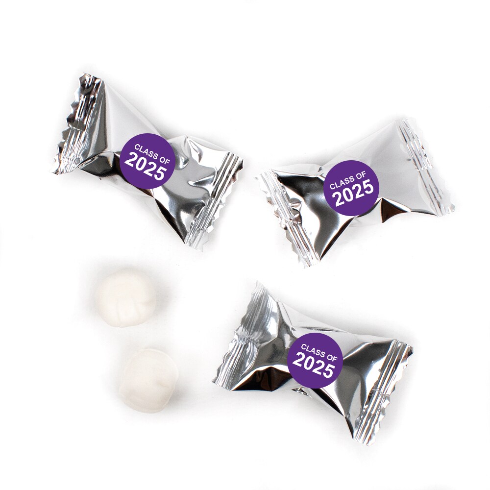 Purple Graduation Candy Mints Party Favors Silver Individually Wrapped Buttermints Class of 2025 - 55 Pcs