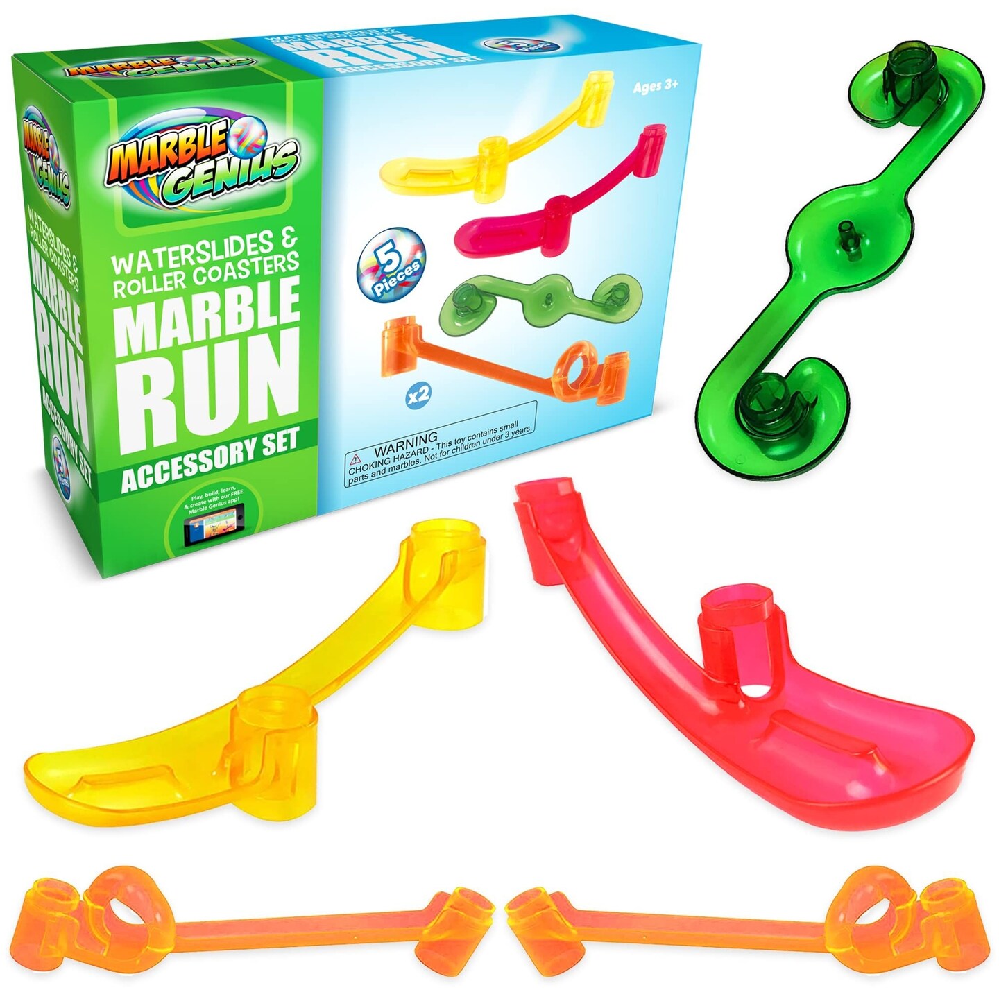 Marble Genius (Waterslides &#x26; Roller Coasters, 5pcs Marble Run Accessory Set for Kids Ages 4+, Fun Ultimate Marble Track Race Add-on Kit for Teens STEM