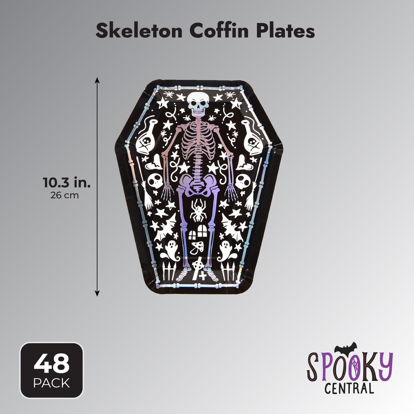 Spooky Central 48-Pack Skeleton Coffin Halloween Plates, 10-Inch Disposable Spooky Plates, Cute Coffin Paper Plates for Black Halloween Party Supplies, Vintage Skeleton Design
