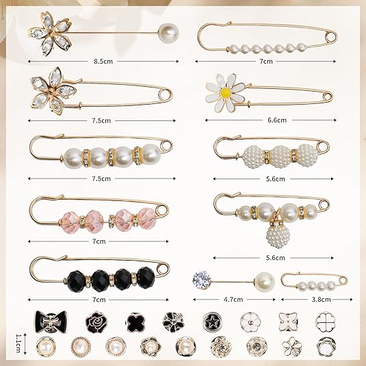 32 Pcs Pearl Brooch Safety Pins for Clothes Dress Jeans Skirt Pants Faux Pearl Rhinestones Sock Charms Pins for Women Waist Decoration Tightener Safety Pins