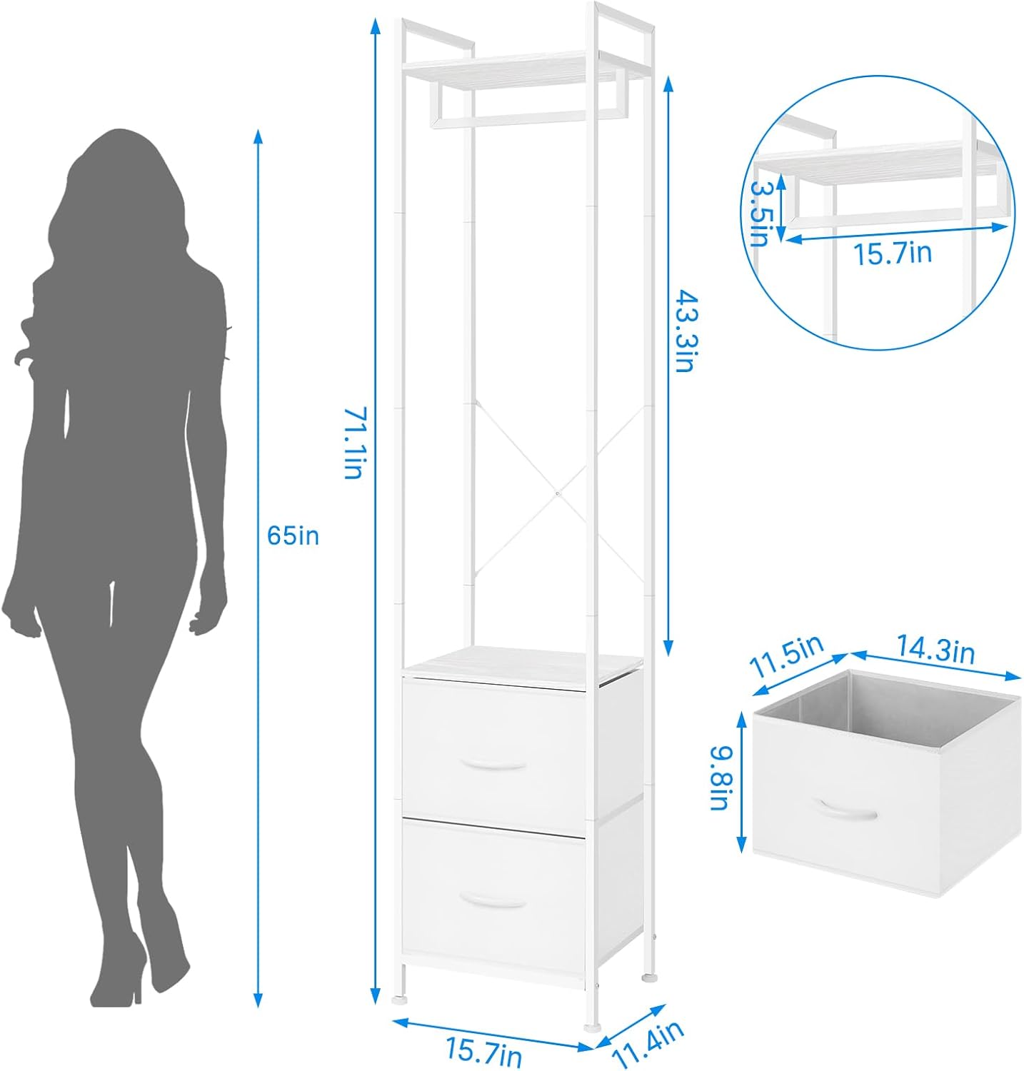 White Heavy Duty Garment Rack with 2 Fabric Drawers | 3-in-1 Freestanding Clothing Organizer | 80lb Capacity Steel Frame &#x26; X-Brace Stability