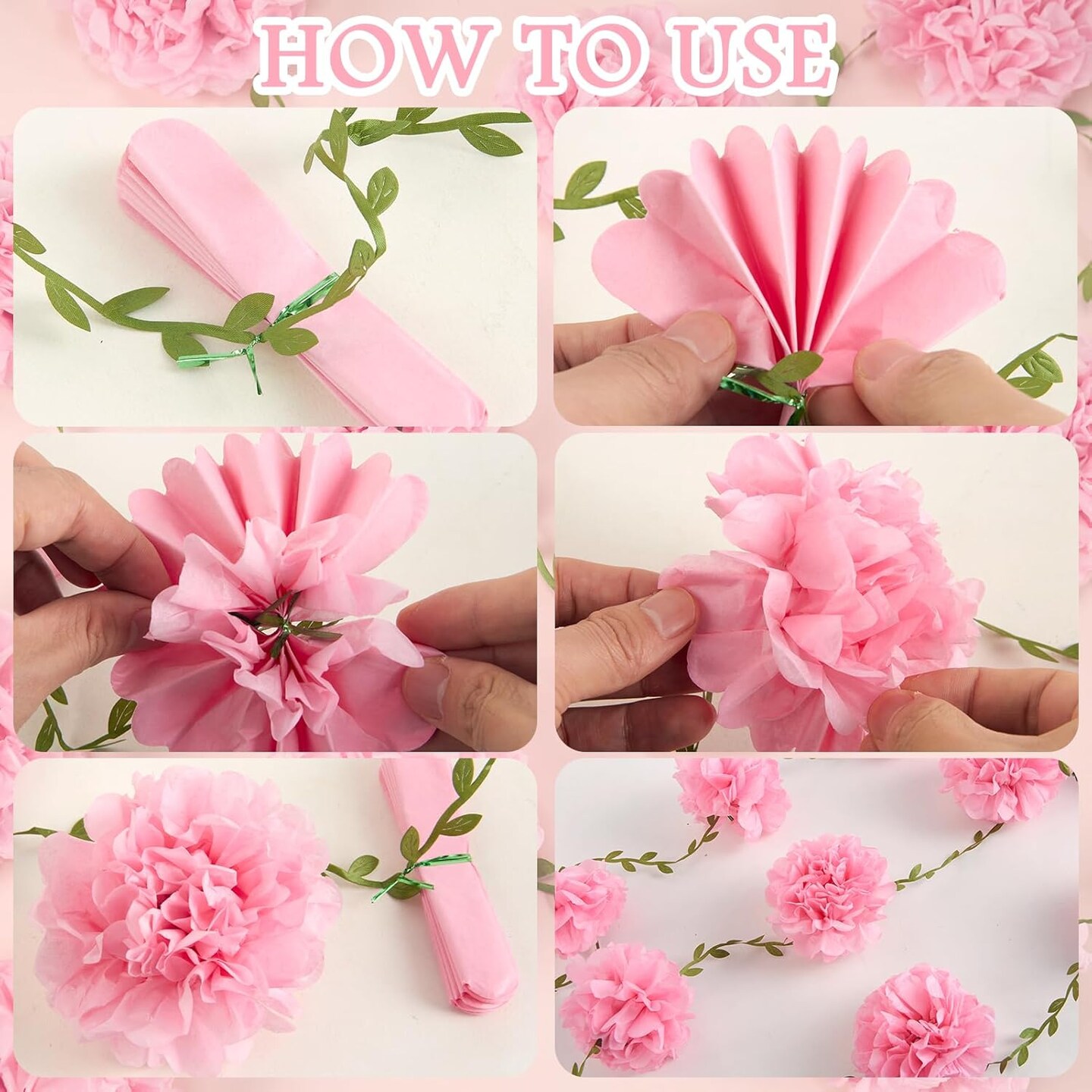 2PCS Pink Paper Flower Garland, Flower Leaves Banner Flower Pom Pom Garland Spring Hanging Paper Flower Decorations for Wall Nursery Anniversary Wedding Birthday Arch Decor (8.2ft)