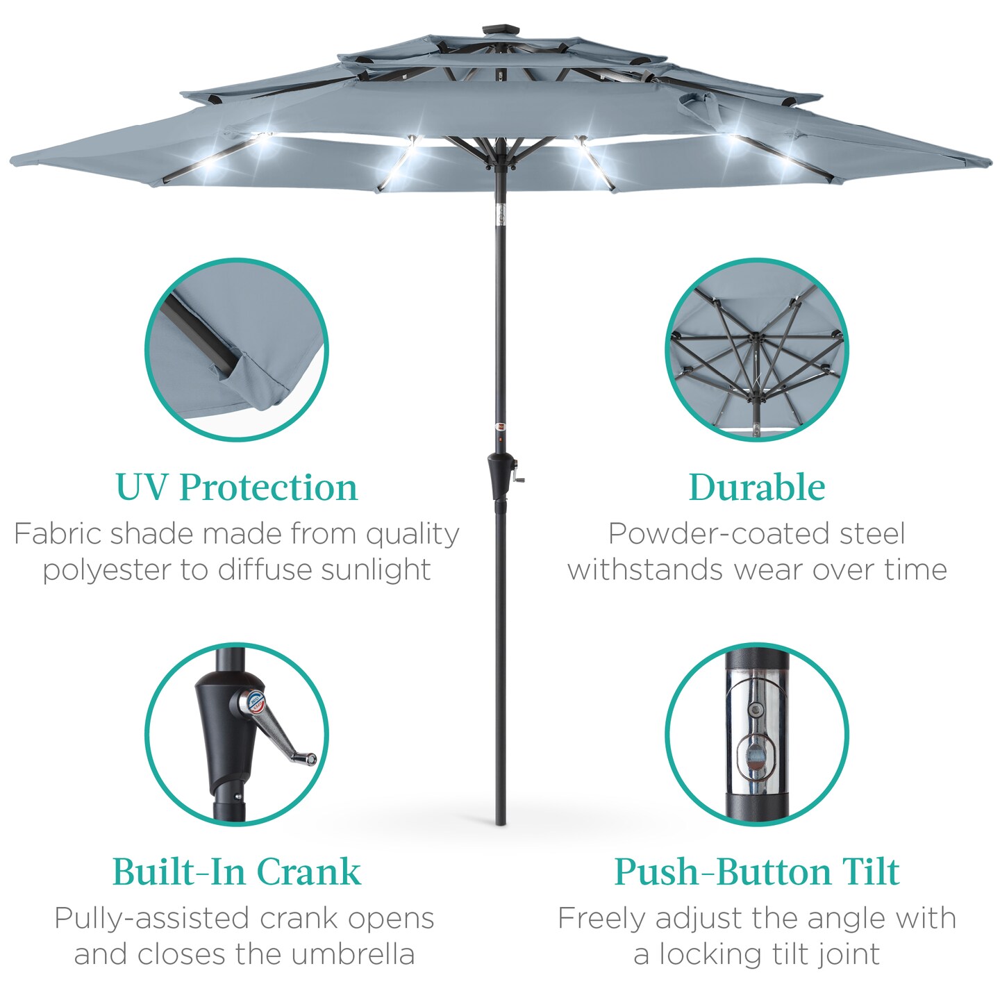 Best Choice Products 10ft 3-Tier Solar Patio Umbrella w/ 24 LED Lights, Tilt Adjustment, Easy Crank