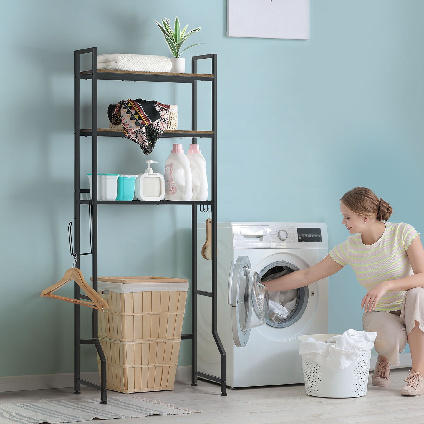Over-The-Toilet Storage Rack 3-Tier with Anti-Tip Kit | 63.6&#x22; Tall Bathroom Organizer | Heavy-Duty Metal Frame, 30lb/Shelf, Multi-Room Freestanding Cabinet (Brown)