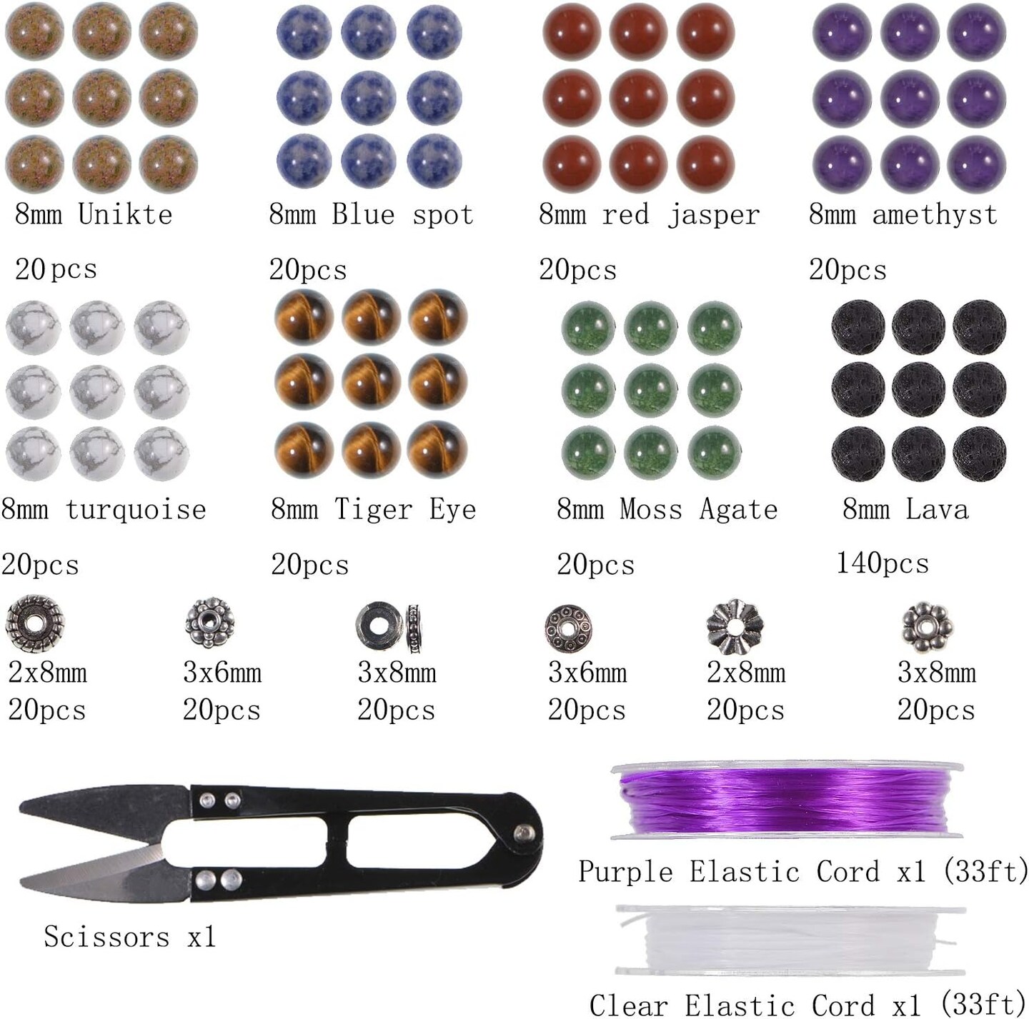 Natural Stone Beads Box Set Kits 8mm Round Loose Gemstone Natural Amethyst Lave Stone Assorted Color with Accessories Tools for Bracelet Jewelry Making (100% Natural Stone Beads Kit 1)