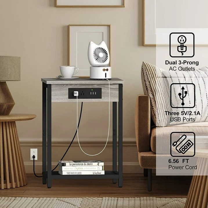 Set of 2 End Tables with Charging Station - Adjustable Nightstand, Sturdy Steel Frame & Water-Resistant Top for Bedroom, Living Room, Sofa