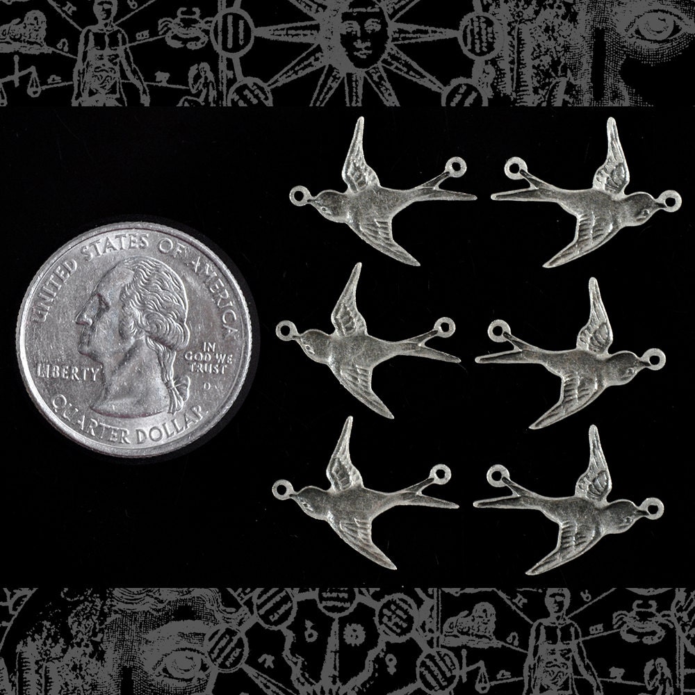 Antiqued Silver Plated Brass Flying Sparrows Two Way Connectors - Three Sets of Two - S-2C34