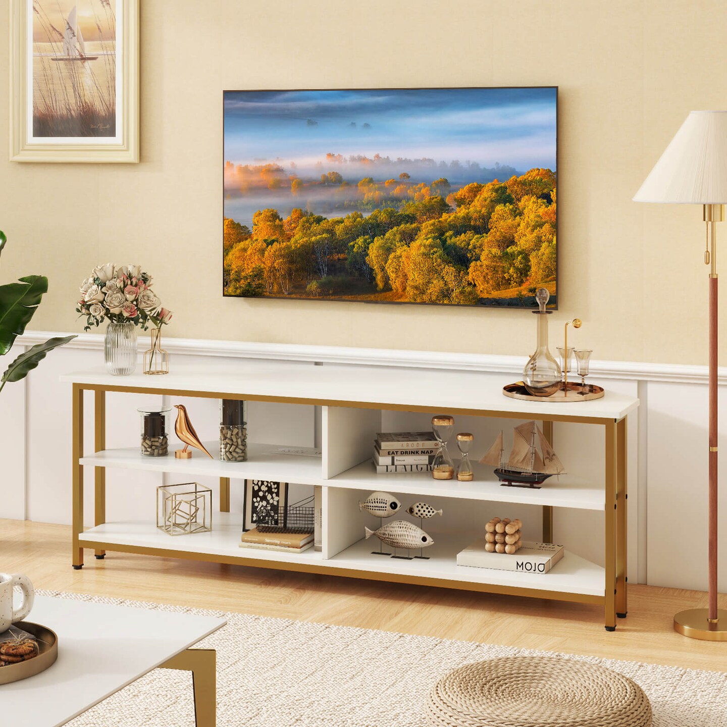 Costway Corner TV Stand for TVs up to 65&#x22; TV Console Table with AC Outlets&#x26;USB A Ports Rustic Brown/Black/White