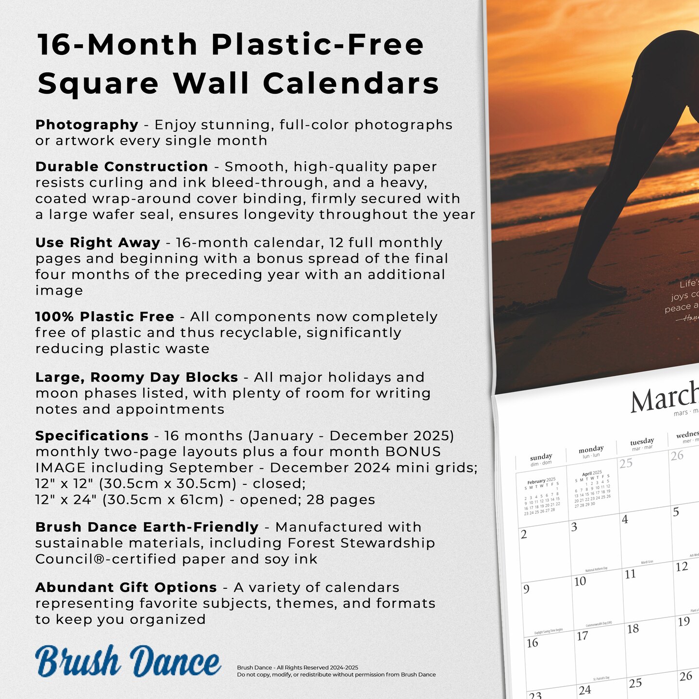 Yoga Silhouettes | 2025 12 x 24 Inch Monthly Square Wall Calendar | Plastic-Free | Brush Dance | Inspiration Meditation Namaste