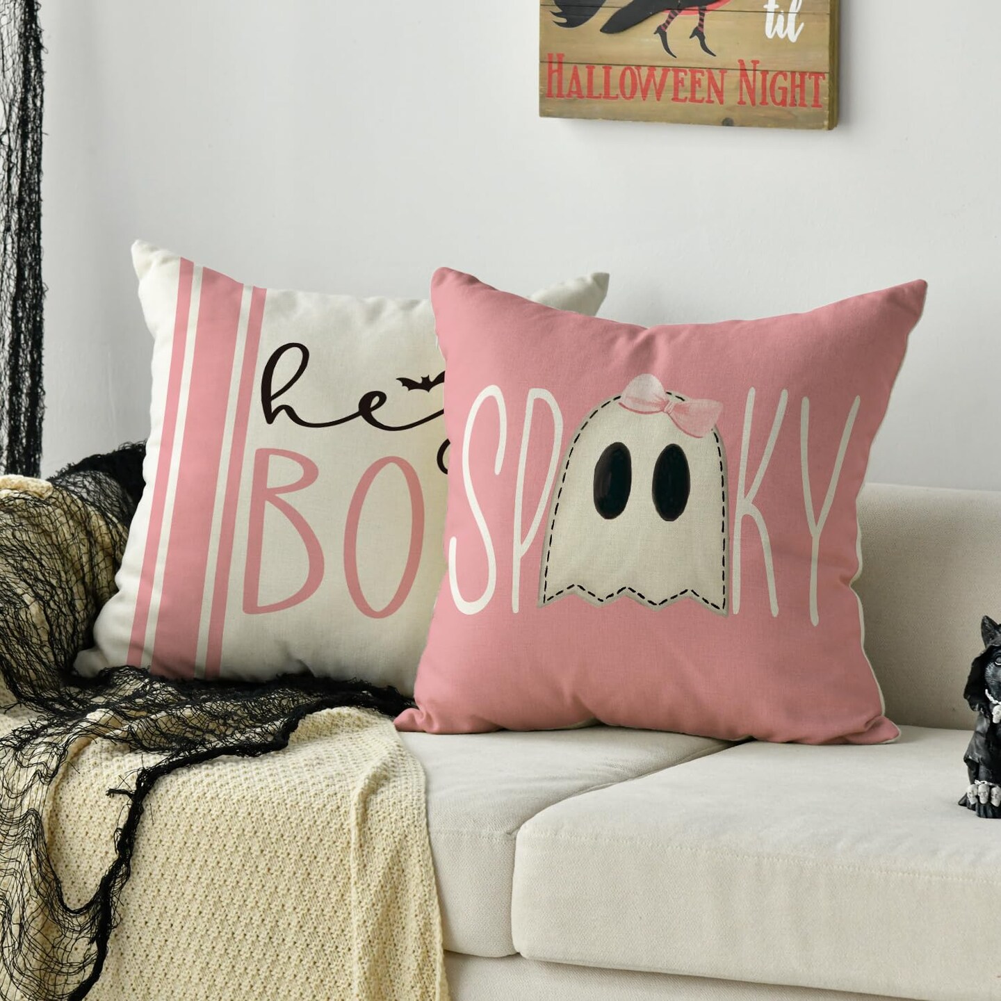 4 Pieces Colorlife Halloween Hey Boo Cute Ghost Spooky Pink Throw Pillow Covers, 18 x 18 Inch Horror Scary Cushion Case for Sofa Couch
