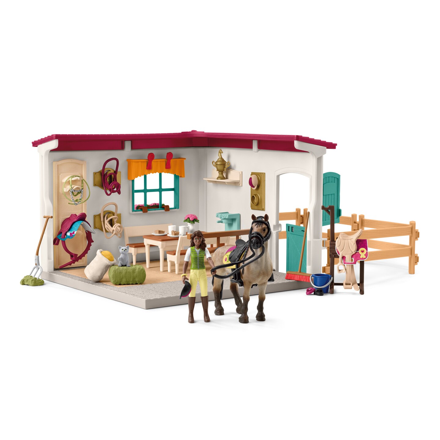 Schleich Horse Club: Tack Room Extension - 85 Piece Playset, Toy Horse Stable, Rider & Horse Figurines, Cat & Accessories, Pony Toys, Kids Ages 5+