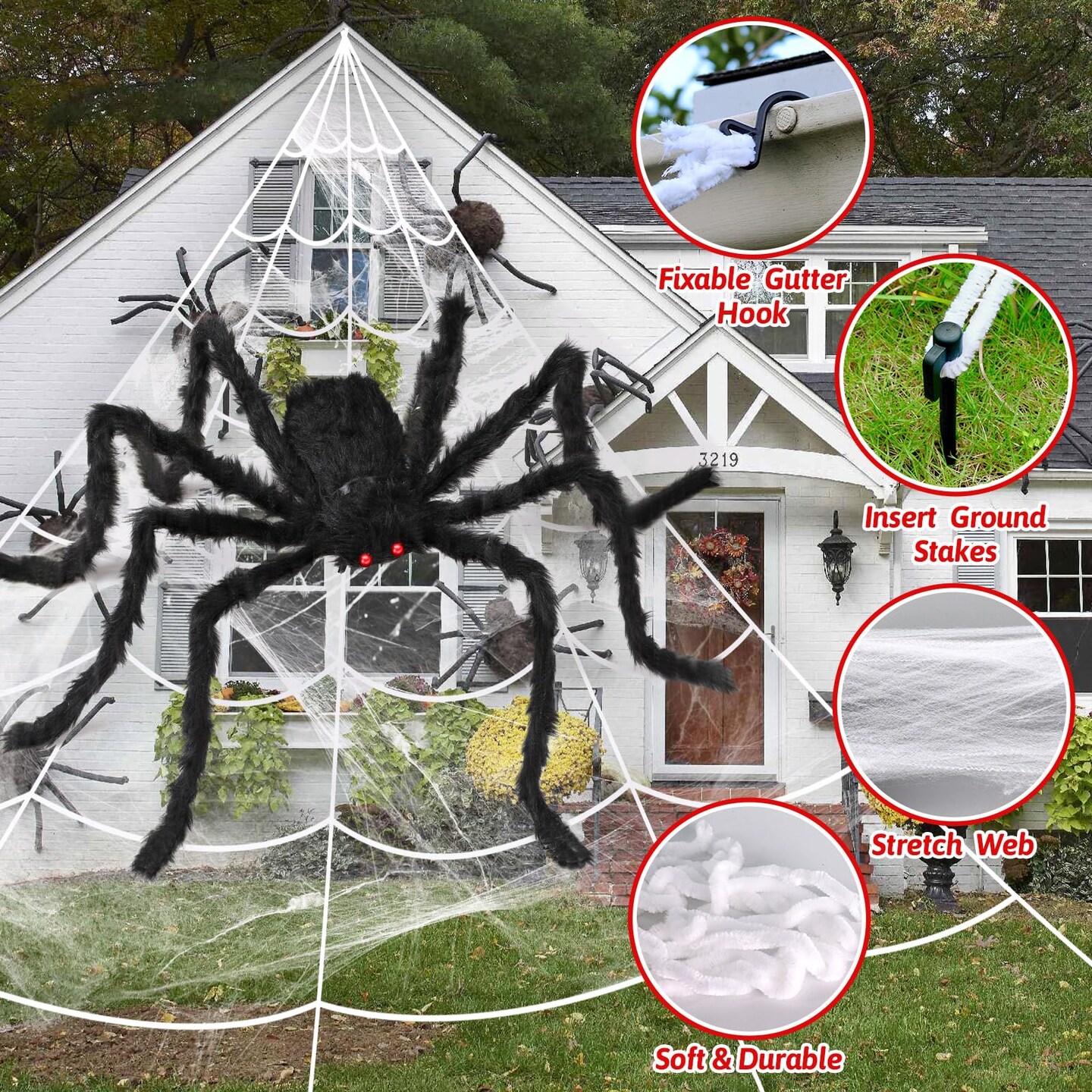 3 Pieces Halloween Spider Decorations Giant Spider Huge Spider Web Stretch Web Component of Huge Spider and Mega Spider Web Halloween Party Supplies Yard Halloween Outdoor D&#xE9;cor Haunted Decoration