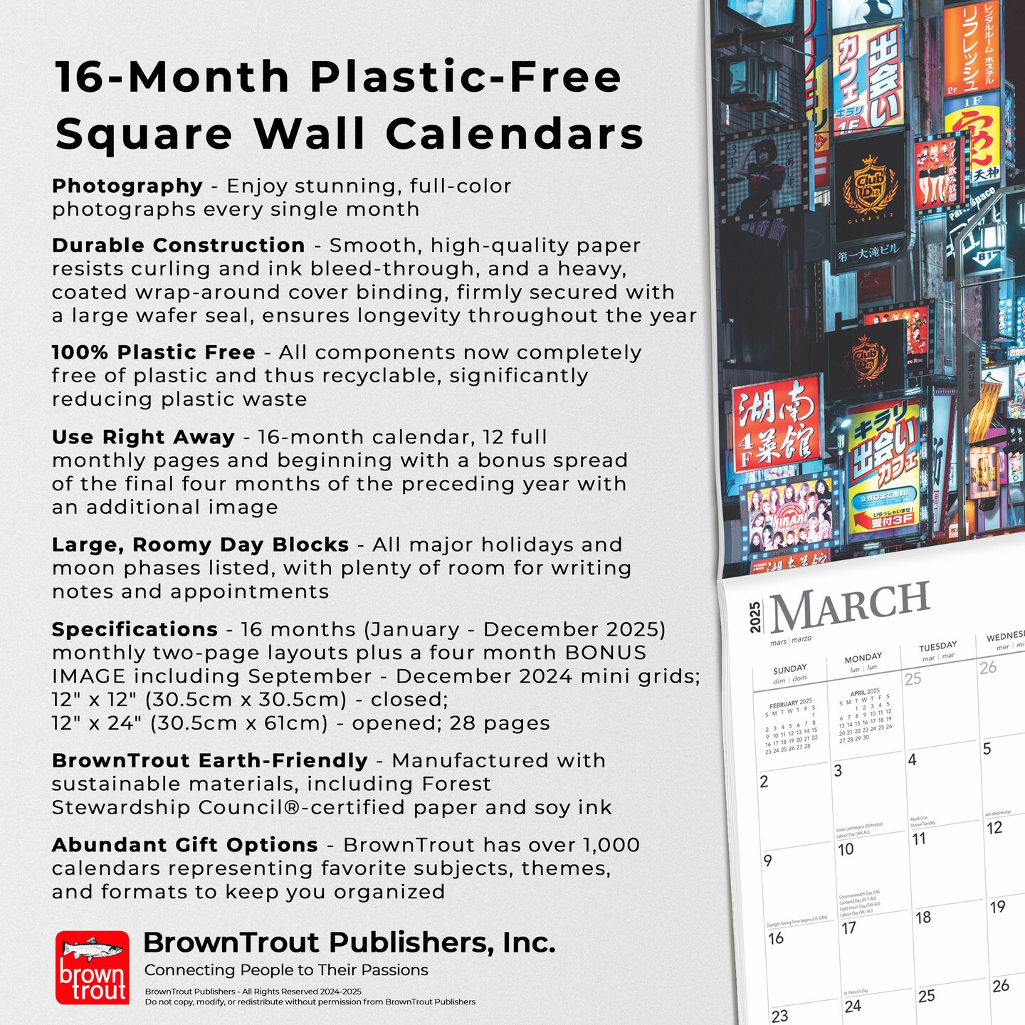 Japan | 2025 12 x 24 Inch Monthly Square Wall Calendar | Plastic-Free | BrownTrout | Scenic Travel Asia Cherry Blossoms Tokyo Kyoto Osaka 