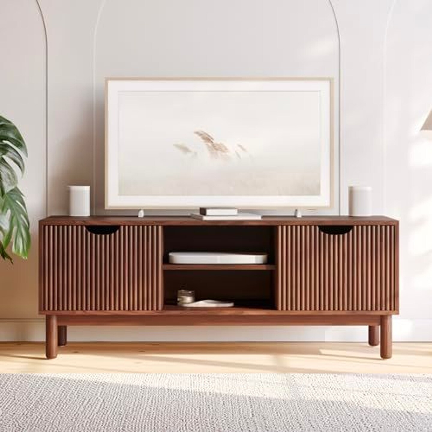 Stead Low Profile Fluted TV Stand, Mid Century Modern TV Stand, Living Room Furniture - 48&#x201D; Entertainment Center with Shelves and Doors, Fits 55&#x22; TVs, Walnut TV Stand, Modern Home Decor (Walnut)