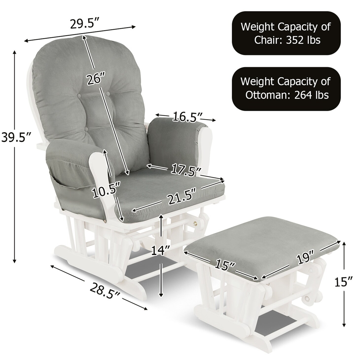 Costway Glider and Ottoman Cushion Set Wood Baby Nursery Rocking Chair Beige/Brown/Dark Grey/Light Grey/Pink/Grey