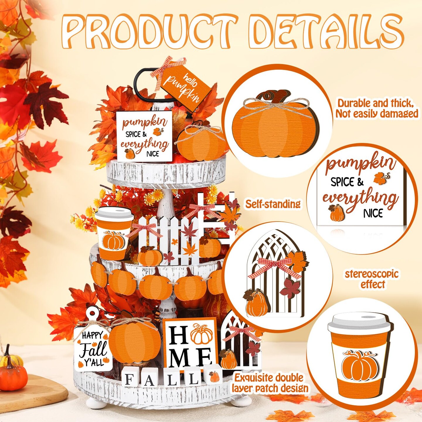 15 Pieces Fall Tiered Tray Decor Pumpkins Farmhouse Decor Autumn Maple Leaf Table Centerpieces Thanksgiving Harvest Wood Blocks Signs for Home Decor(Cute Style)