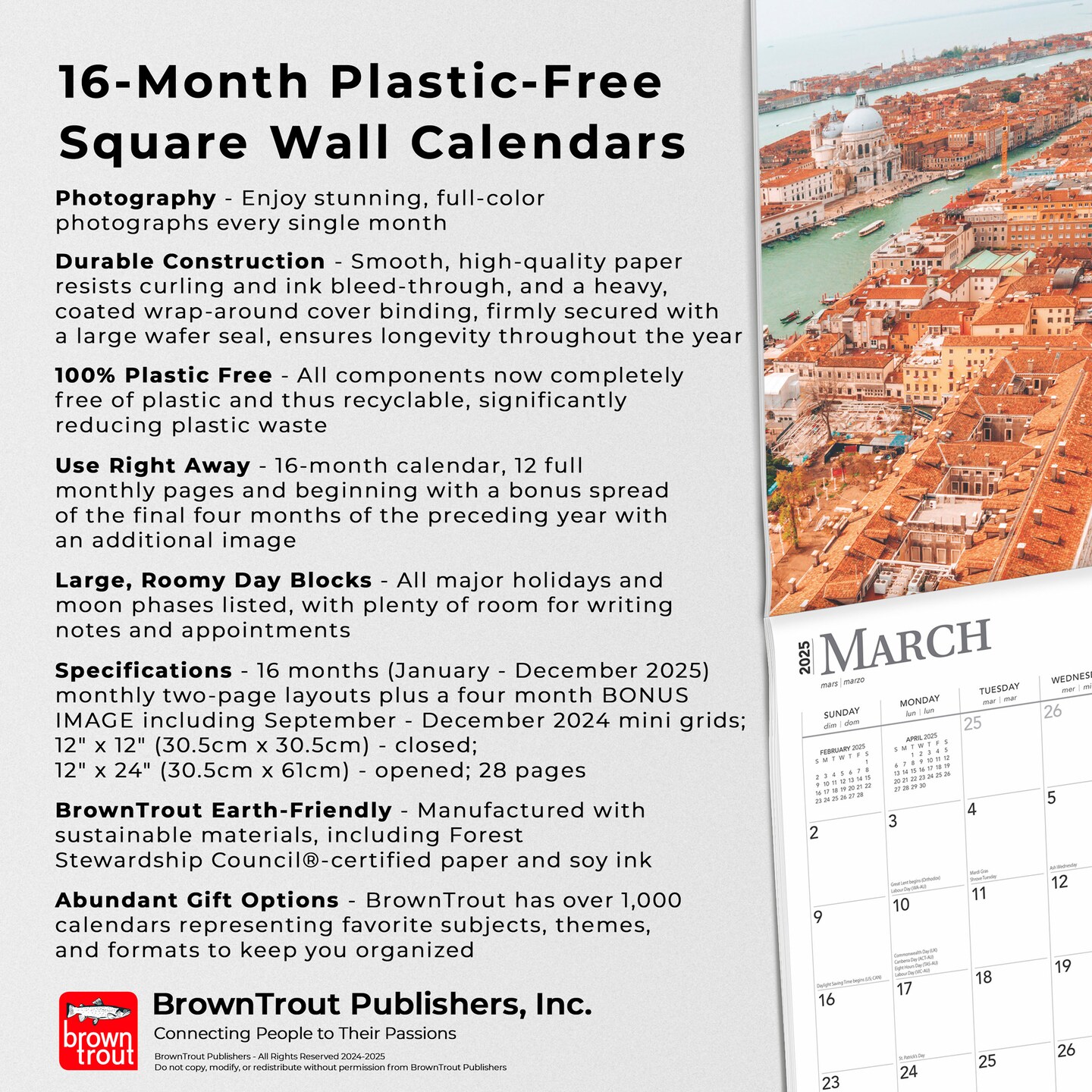 Venice | 2025 12 x 24 Inch Monthly Square Wall Calendar | Plastic-Free | BrownTrout | Travel Europe Italy Gondola