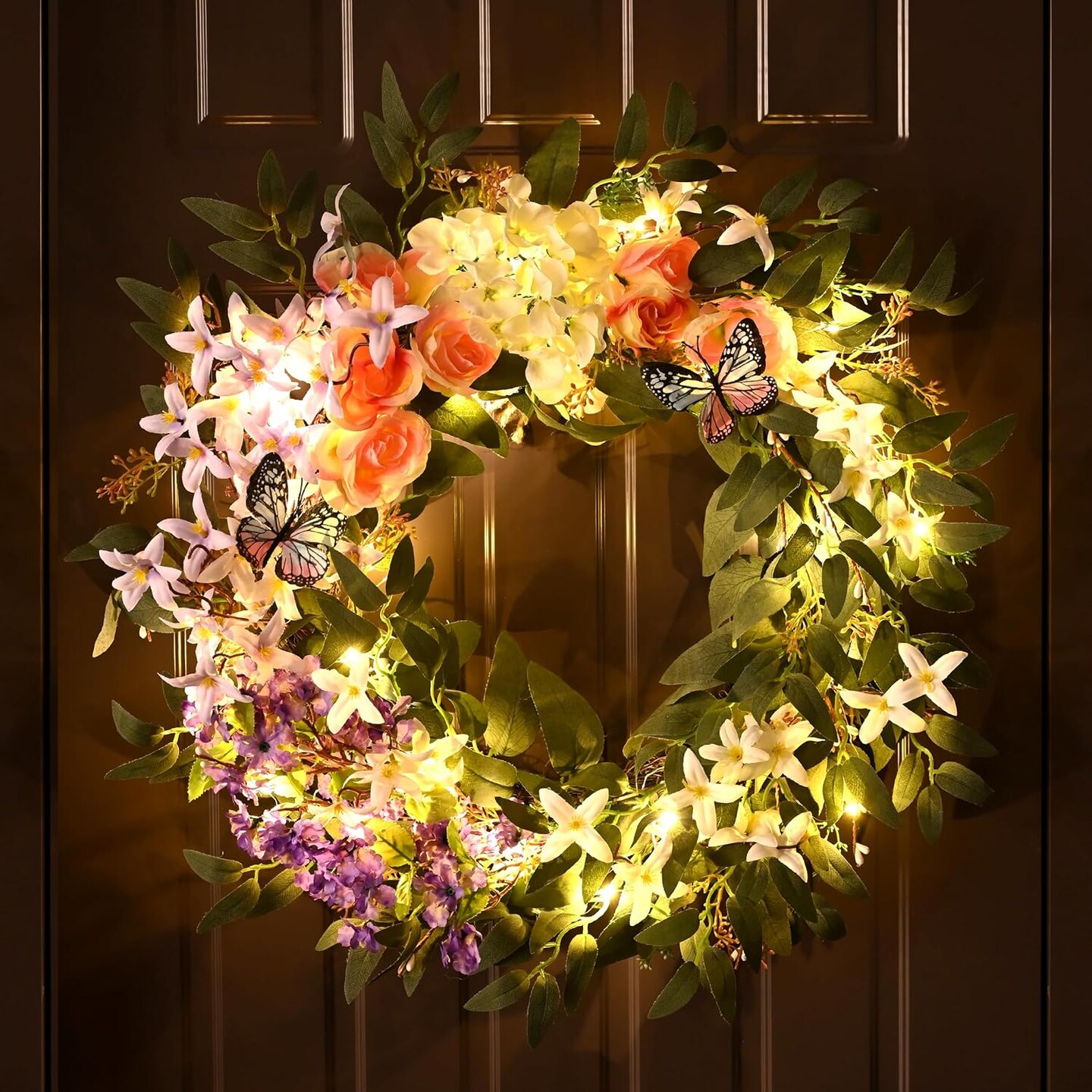 Spring Summer Flower Wreaths for Front Door with Lights