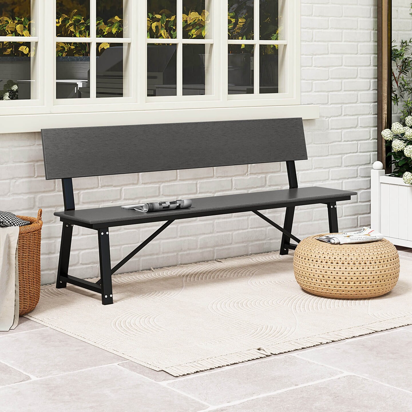 Costway 1/2 PCS 4-Person Bench with All-Weather HDPE Seat &#x26; Back Heavy-Duty Metal Support Grey